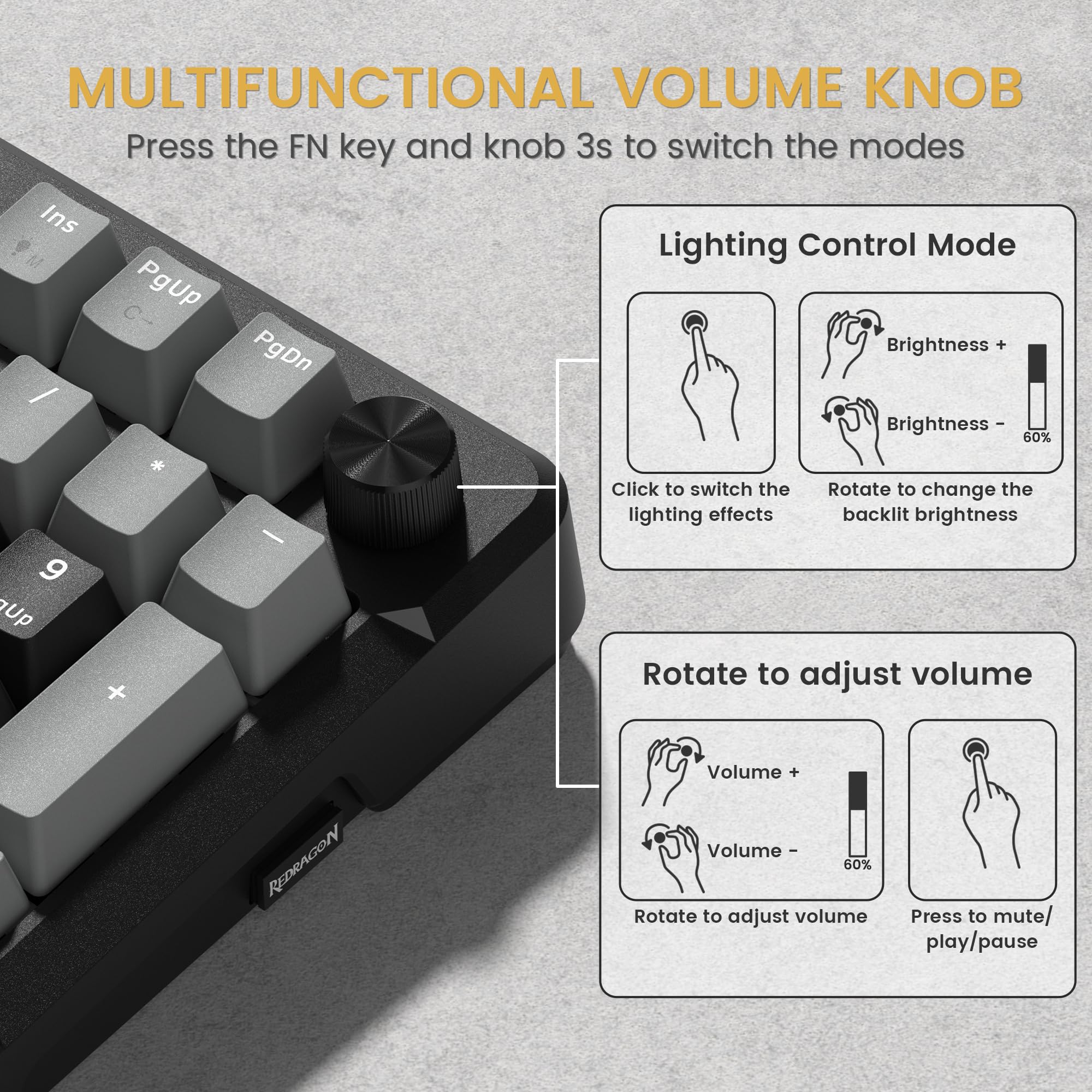 Redragon K742 Wireless Mechanical Gaming Keyboard with Knob, Bluetooth 5.0/2.4GHz/USB C Wired Creamy Keyboard with Number Pad for PC Computer, Hot Swappable RGB Backlits, Custom Linear Switch, Black