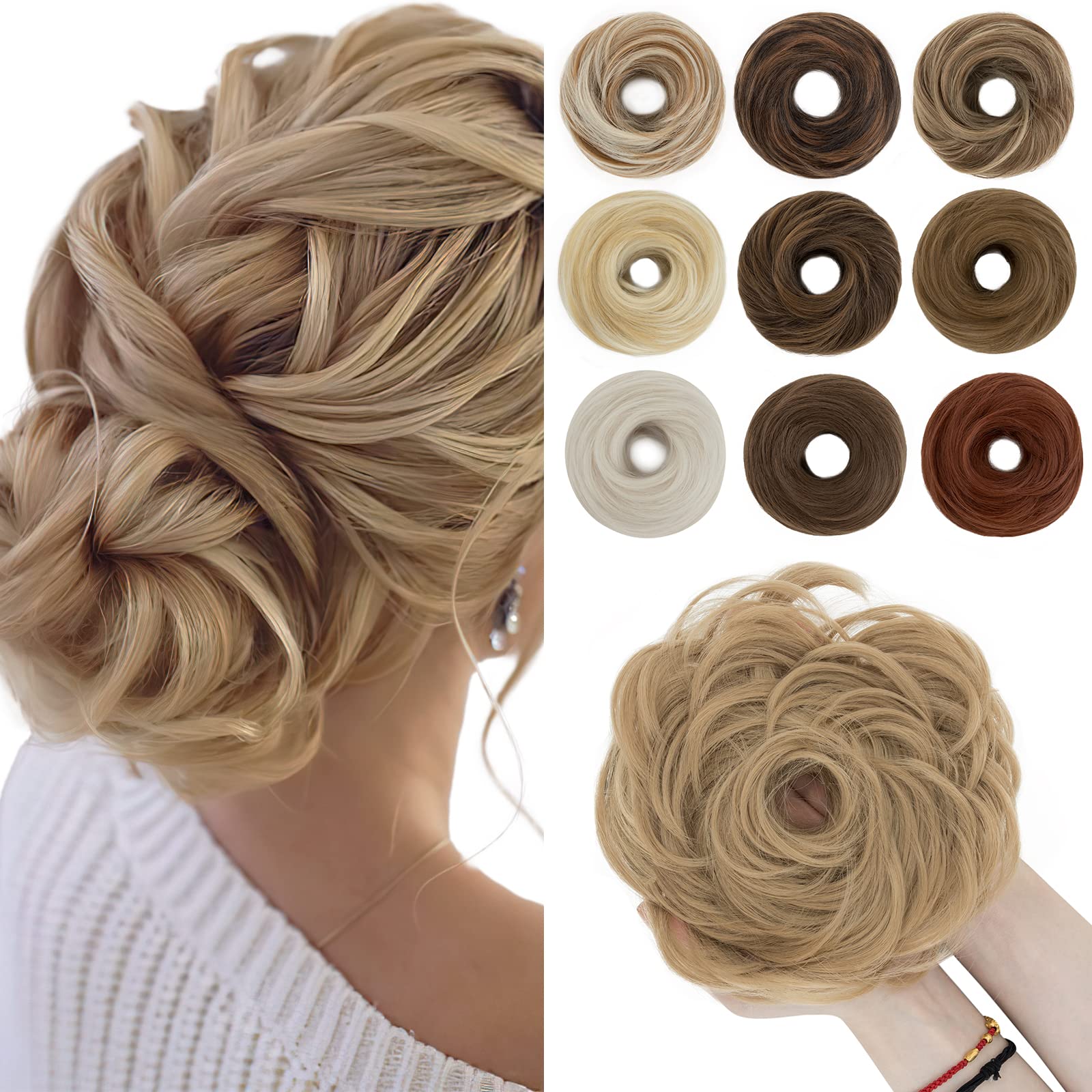 SEGO 55g Messy Bun Fluffy Tousled Updo Scrunchies Synthetic Thicker Hair Bun Hair Piece For Women Donut Easy Bun Hairpiece, Dark Blonde, 1 Count