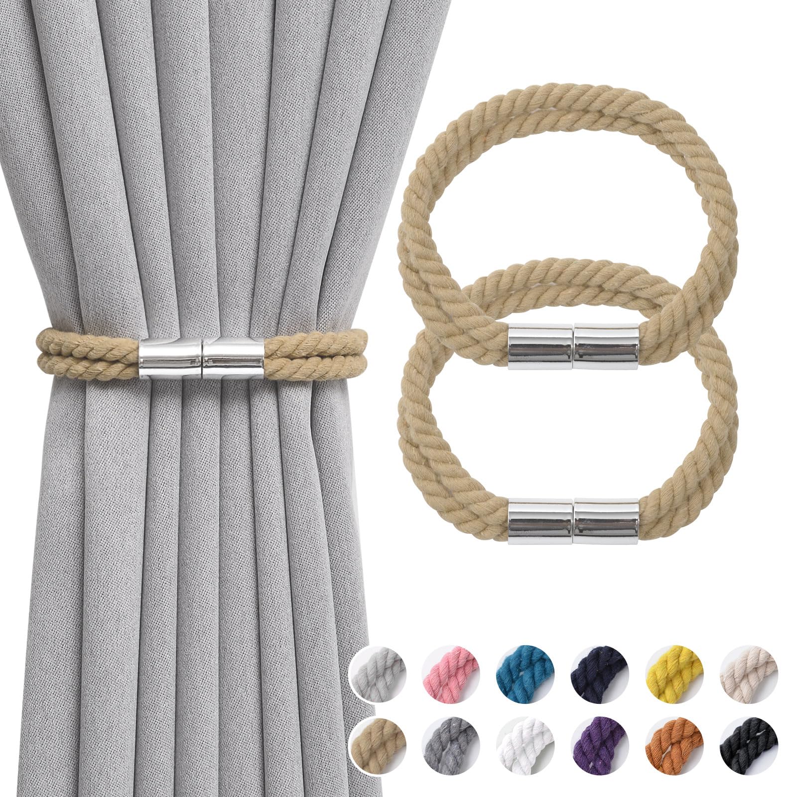 Pretty Jolly 2 Pack Strong Magnetic Curtain Tiebacks Boho Decoration Drape Tie Backs Natural Cotton Handmade Double Rope Curtain Holdbacks for Thin or Thick Home Office Window Drapery (Dark Beige 2)