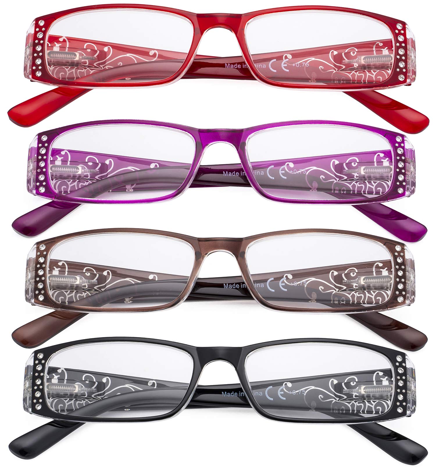 CessBlu Ladies Floral Design Reading Glasses 4 Pack with Crystals for Women Reading +1.5