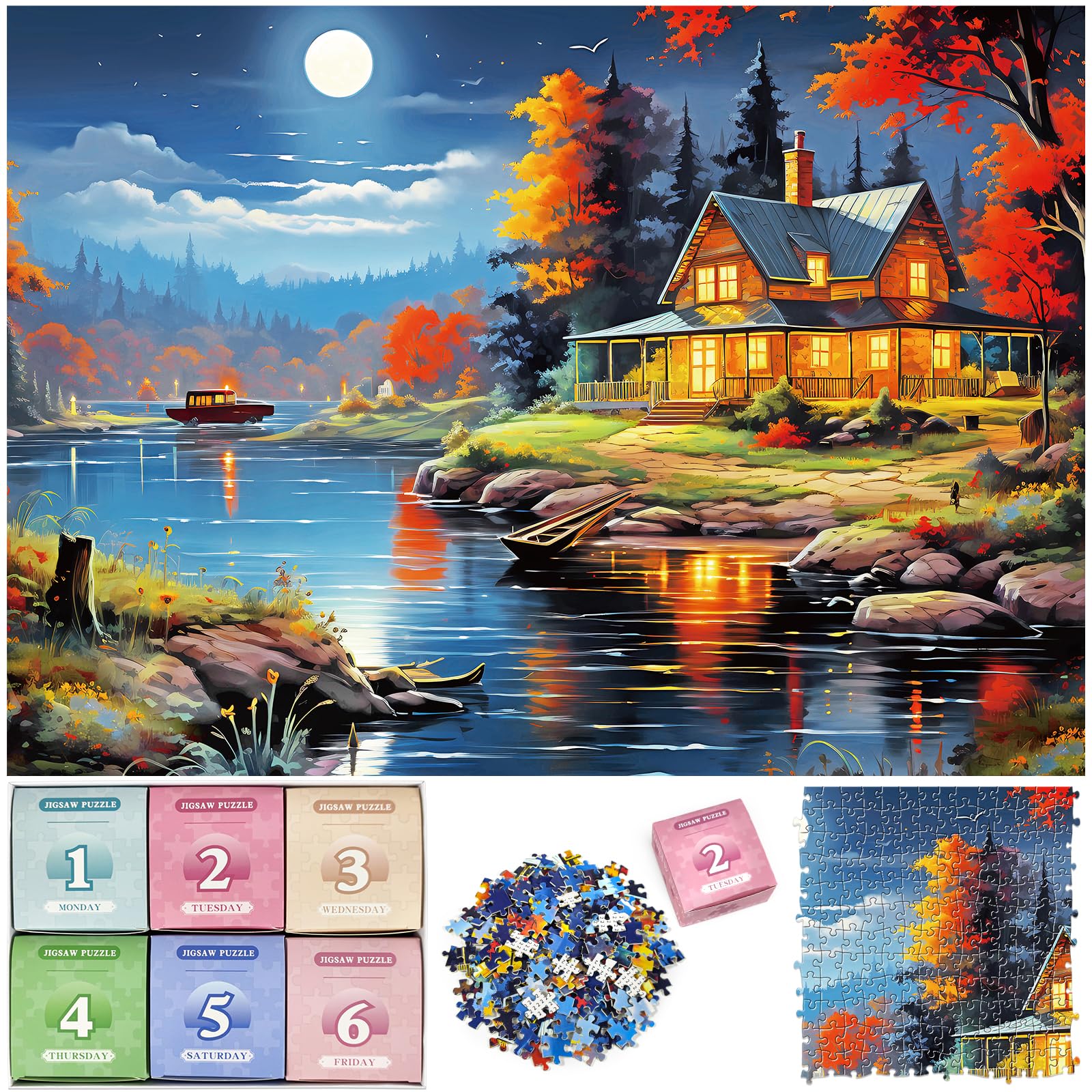 Photo 1 of 1000 Piece Puzzle for Adults, Advent Puzzle Maple Cabin 1000 Pieces Puzzles for Adults Teens Kids, Forest Cabin 1000 Pieces Jigsaw Puzzles 6 Days Holiday Puzzles Countdown to Weekend Gift