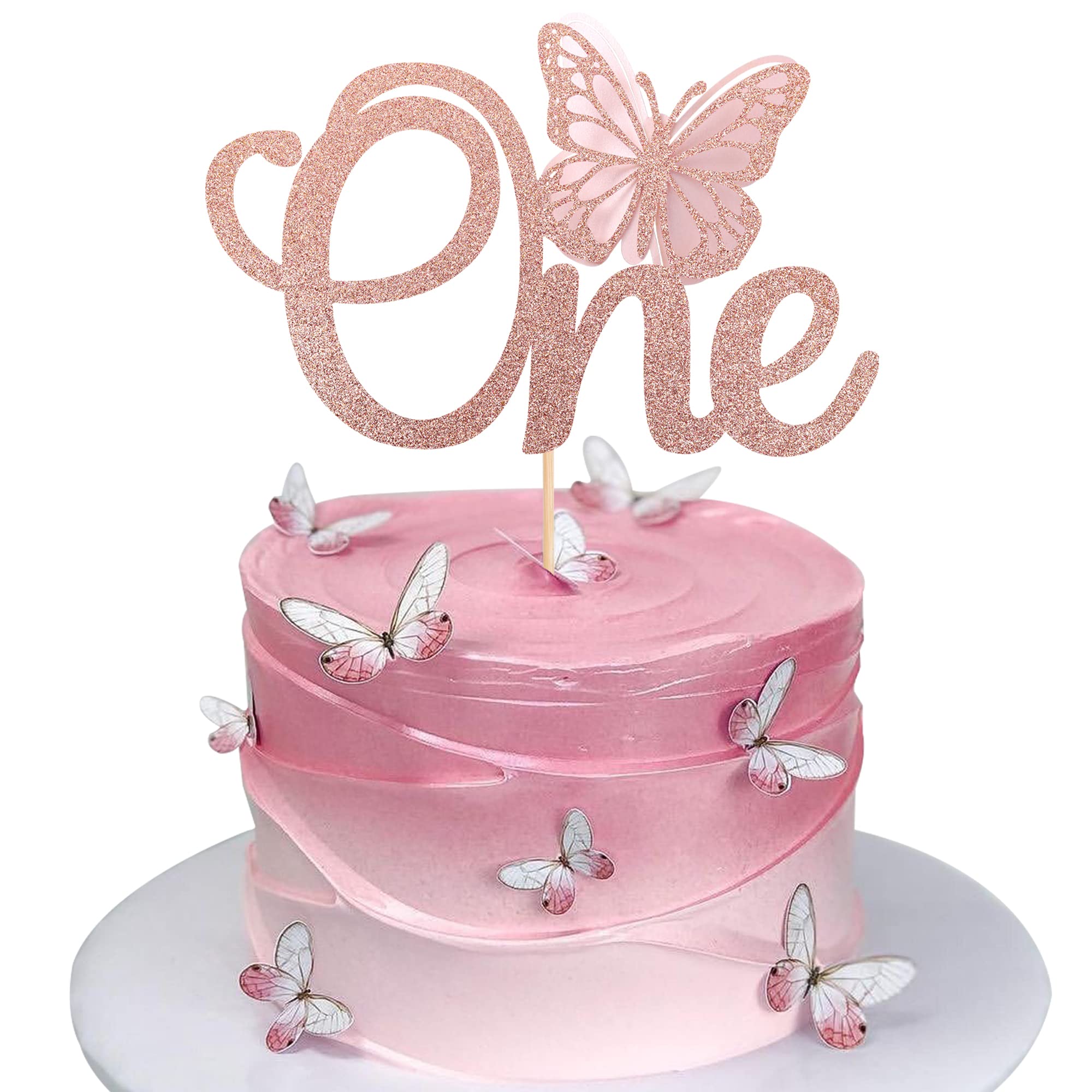 Xsstarmi 1 PCS Butterfly Cake Topper Rose Gold Glitter Baby Shower 1st Birthday Cake Pick for Butterfly Theme Baby Shower 1st Birthday Party Cake Decoration Supplies