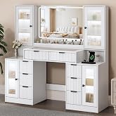 ANYMAPLE 55" Vanity Desk with Mirror &amp; Lights, Fluted Makeup Vanity with 8 Drawers &amp; 4 Cabinets, Tempered Glass Top, RGB Cabinet Lighting, 3-Color Dimmable Mirror, and Charging Station