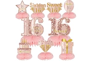 Turypaty Sweet 16 Birthday Honeycomb Centerpieces Decorations for Girls, 9Pcs Pink Rose Gold 16th Birthday Table Centerpieces Party Supplies, Sixteen Year Old Birthday Table Toppers Decor