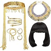Hillban 6 Pcs Egyptian Headpiece Costume for Women Africa Accessories Set Bob Wigs Tassel Head Chain Snake Arm Cuff Golden Finger Ring Bracelet Collar Necklace Earring Cosplay Party