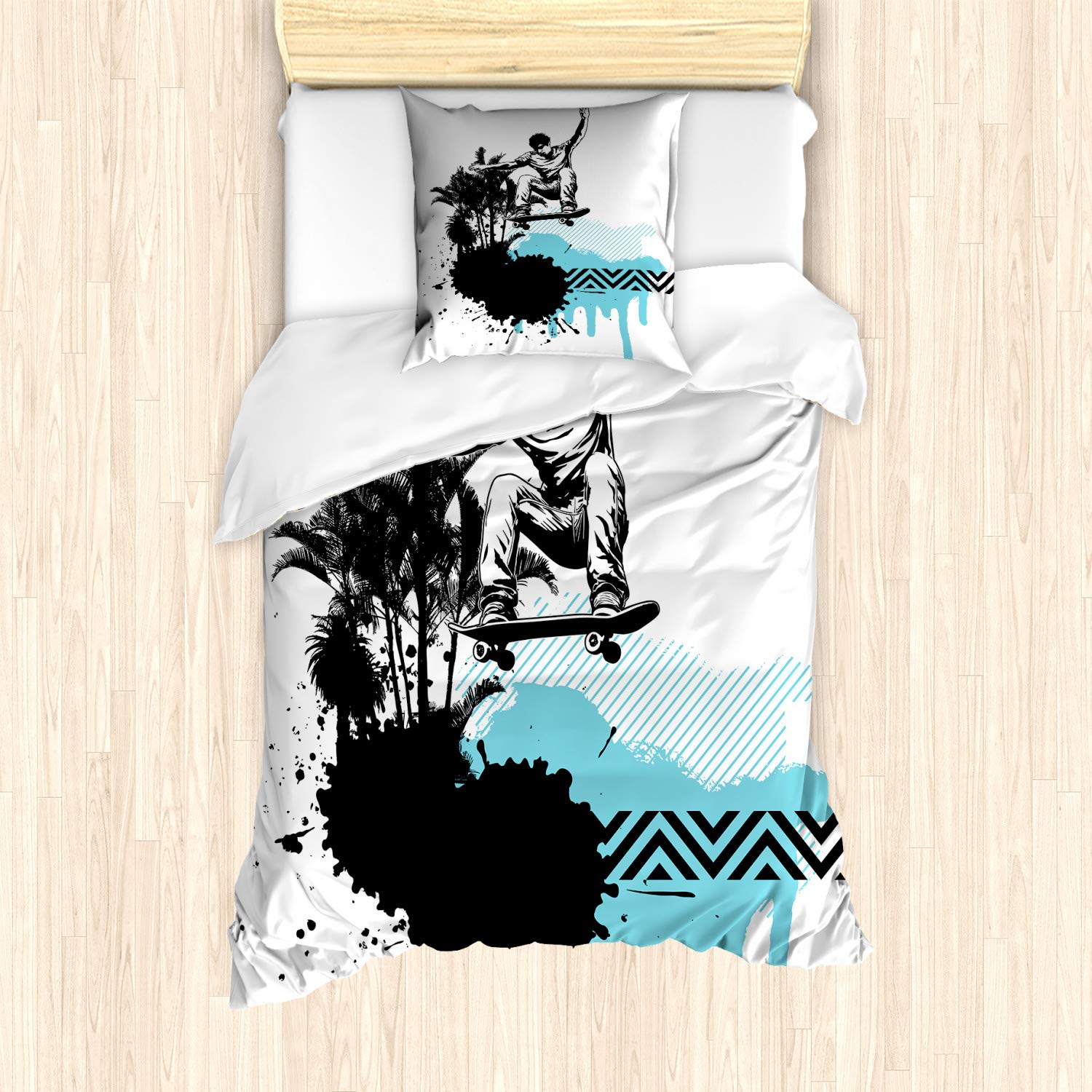 ABAKUHAUS Grunge Duvet Cover Set, Young Boy Skater Jumping Exotic Sports Theme Motley Skateboarding Illustration, Bedding Set 2 Pieces with 1 Pillow Shams, 135 cm x 200 cm, Black Pale Blue — image 1
