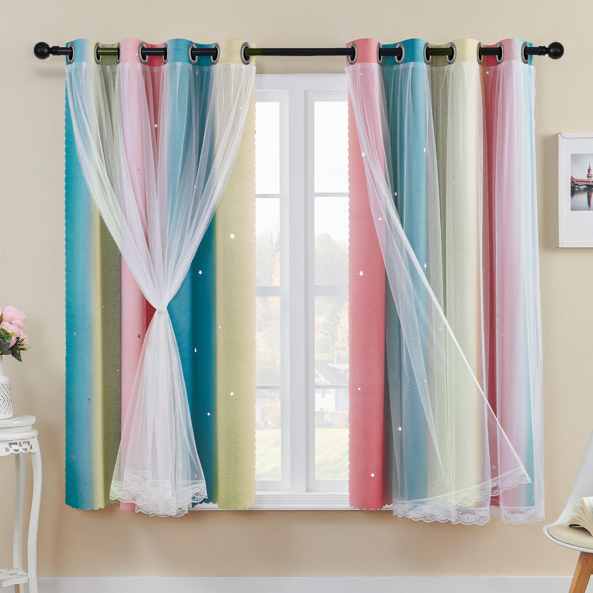 XiDi Yellow Blackout Curtains with Net 54 Drop Hollow Out Star Pattern Mix White Voile Sheer Short Eyelet Curtains for Kids Preteen Bedroom 52 Inch Wide, 2 Panels