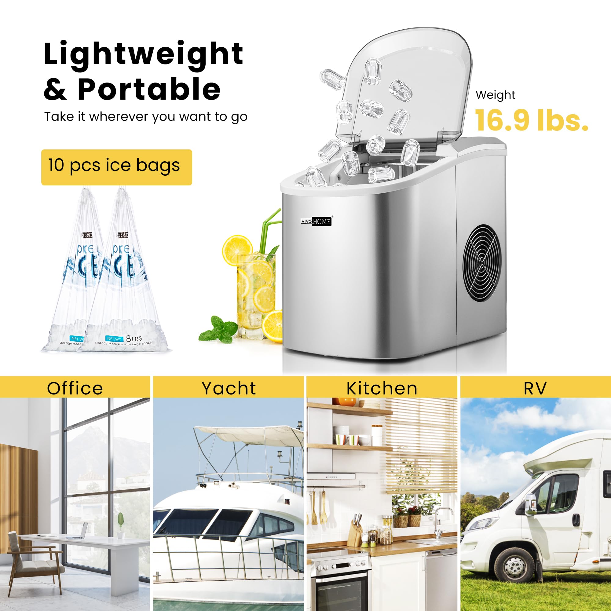 VIVOHOME Electric Portable Compact Countertop Automatic Ice Cube Maker Machine with Hand Scoop 10 Ice Bags and Self Cleaning Function 27lbs/Day Silver