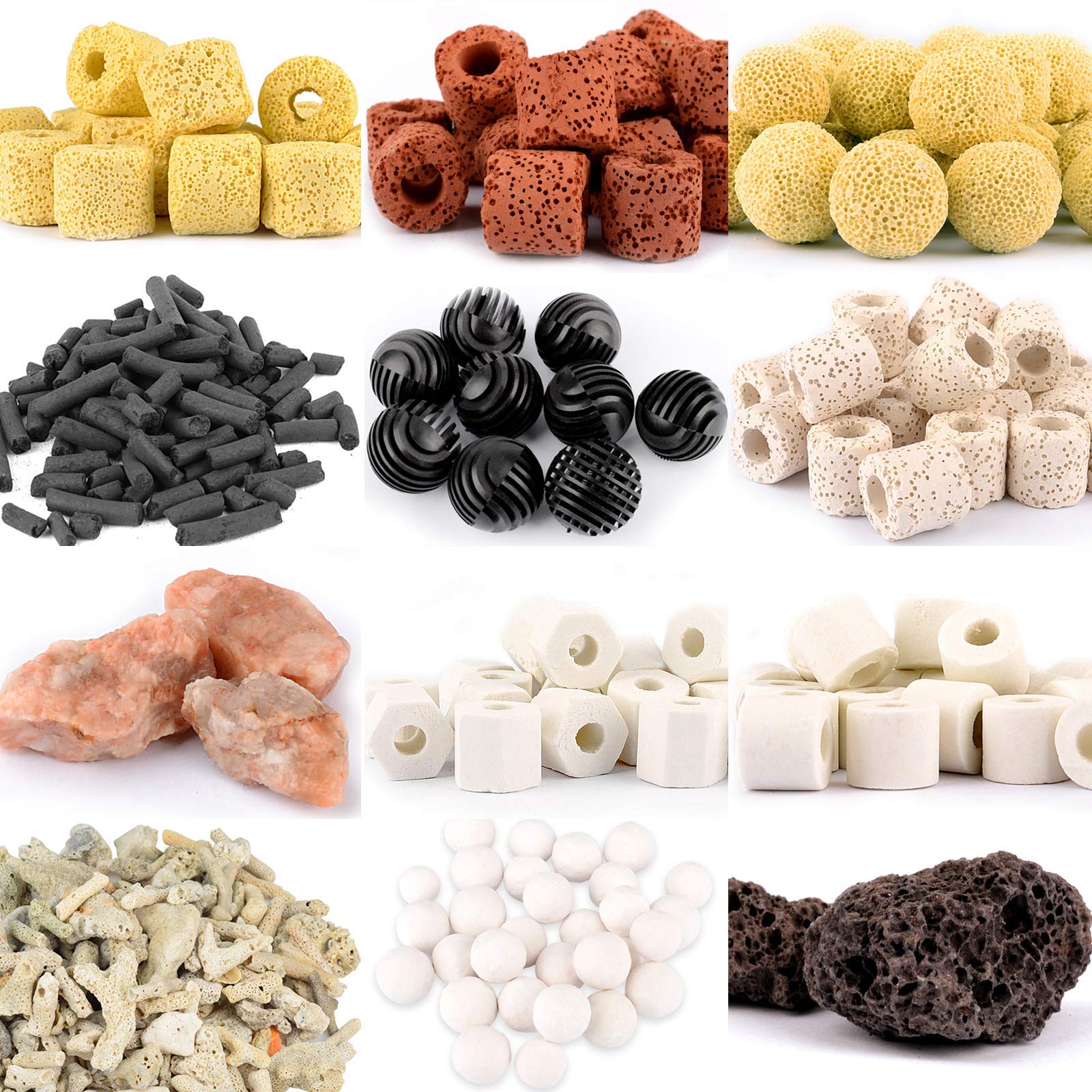 Mei Ting Aquarium Filter Media: 12-in-1 Bio Balls & Ceramic Rings Kit (500g) for Fish Tank or Pond - Includes Zippered Mesh Bag