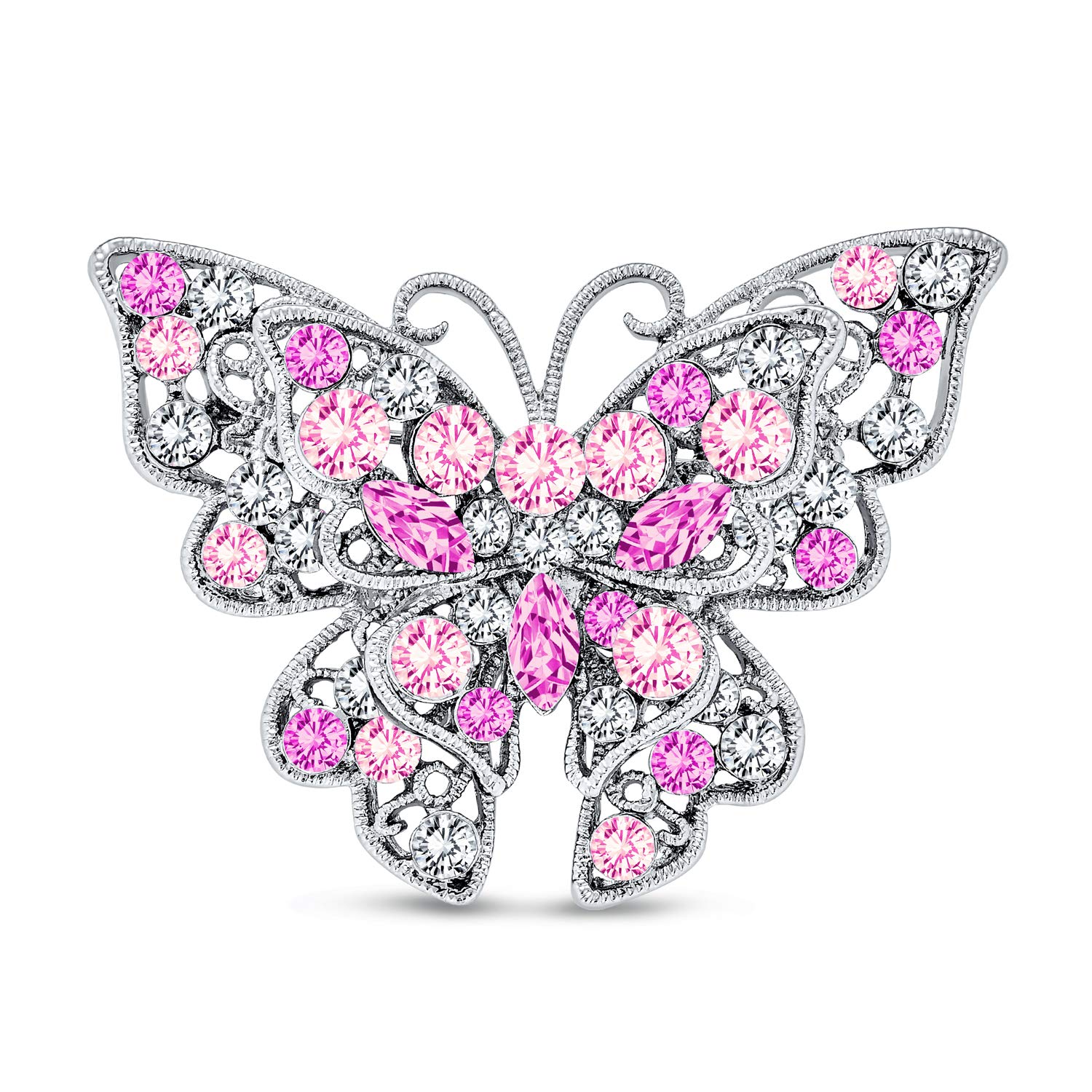 Large Pink Crystal Butterfly Brooch Pin for Women Fashion Statement Filigree Design Silver Plated Brass