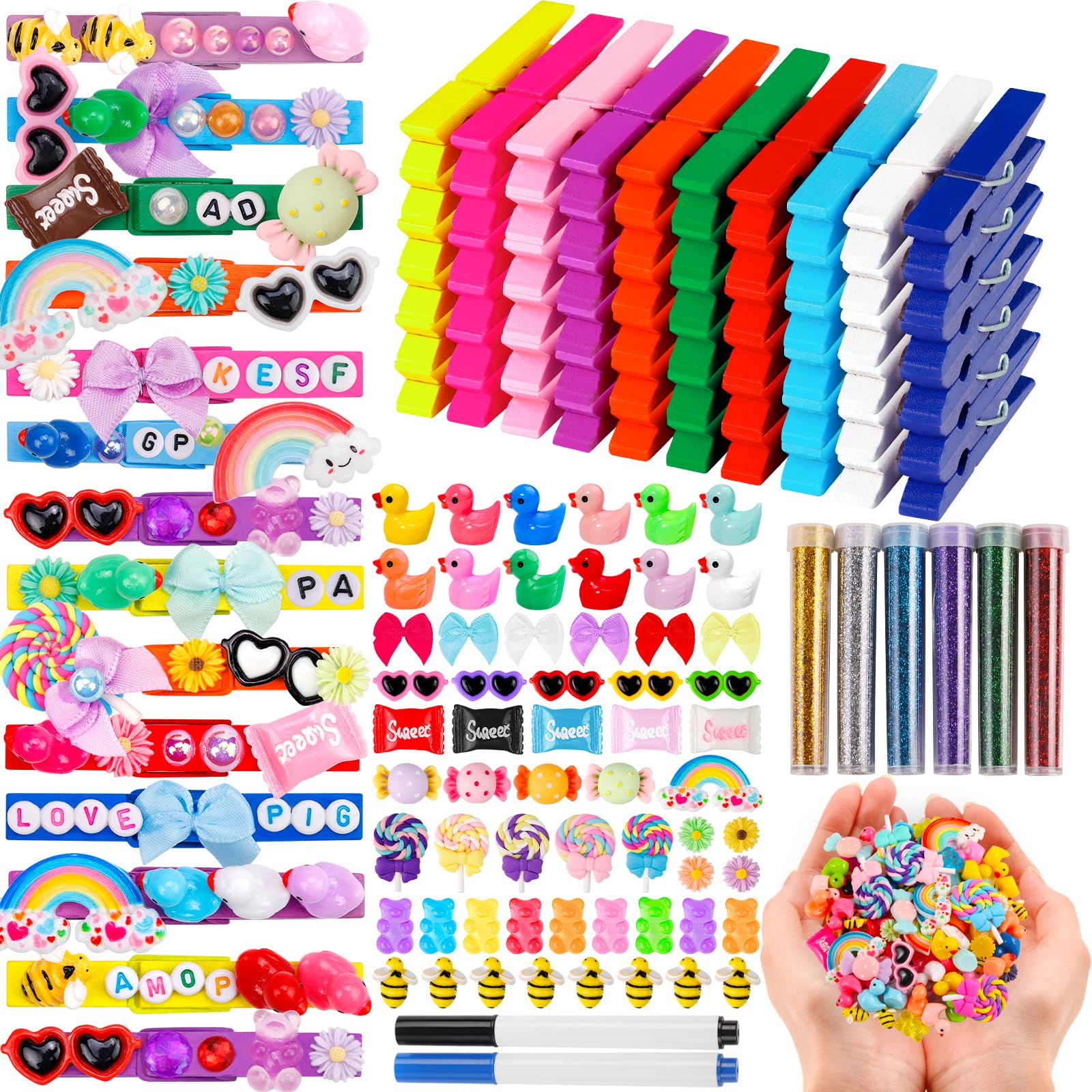 Photo 1 of 80 Set Cheer Pins Spirit Clips Clothes Wooden Pins for Backpacks Include 90 Mini Resin Animals 30 Mini Bows 500 Beads Cheer Clothespins Decorations Ribbon Team Classroom Cheer Gifts Bulk?Colorful?