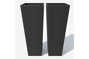 All-Weather Black Rattan Planter Set of 2, Two 32" Tall Outdoor Plant Pots, Removable Liners, Drainage Holes, Garden Flower P
