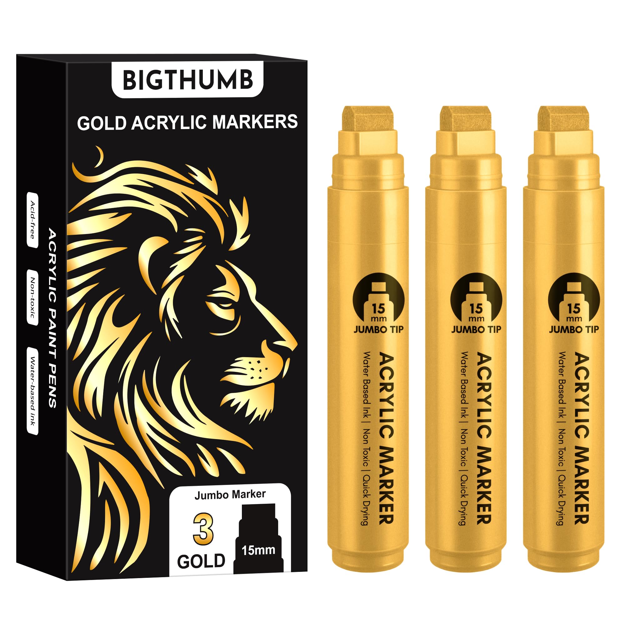 Photo 1 of **1 PC** BIGTHUMB Gold Jumbo Permanent Marker: 15mm Wide Tip Thick Acrylic Paint Pen Large Calligraphy Marker for Rock Painting, Poster, Sign, Canvas, Glass, Wood, Ceramic