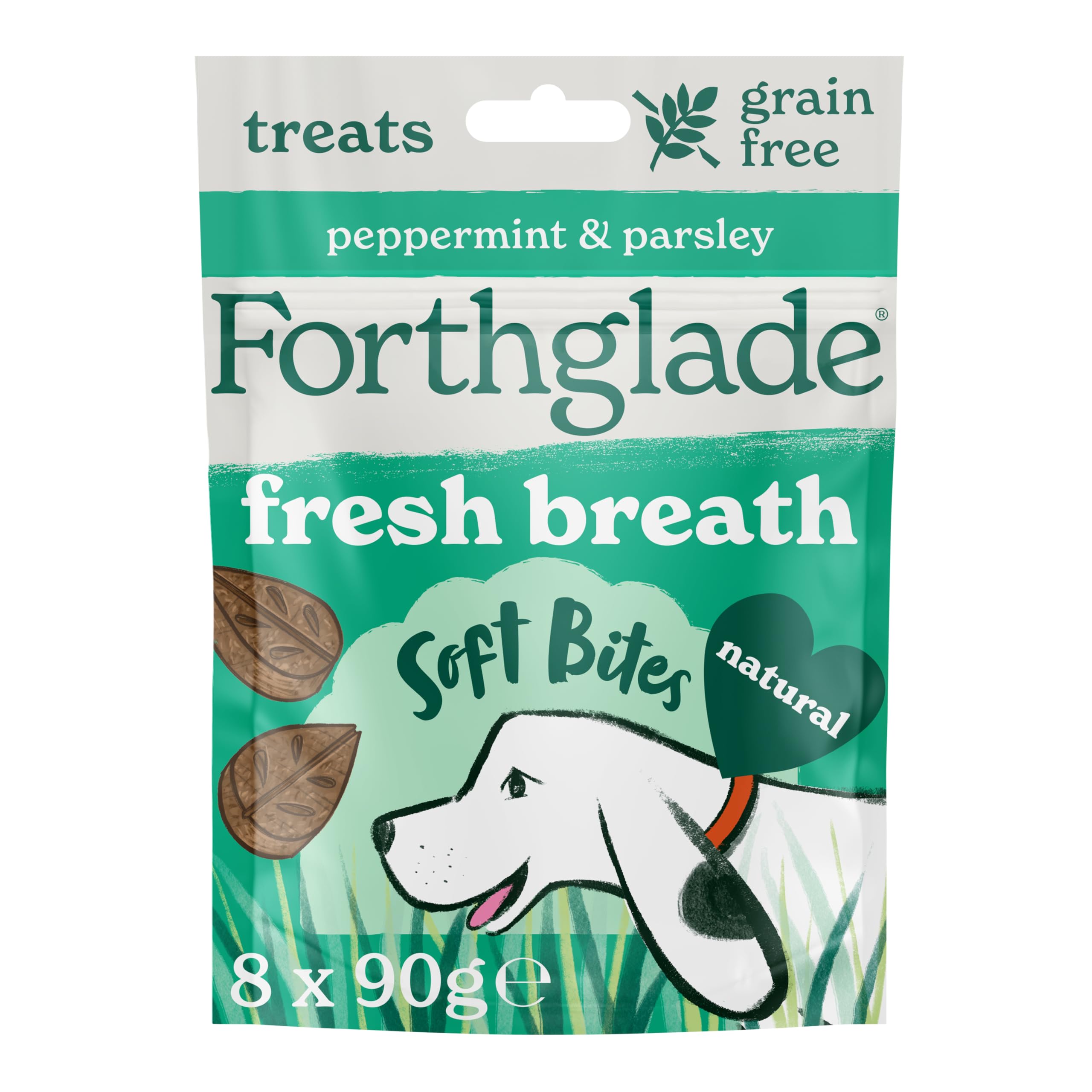 Forthglade Natural Dog Treats (8 x 90g Bags) - Hypoallergenic & Grain Free Dog Treats with Chicken, Peppermint & Parsley, Fresh Breath Soft Bites, Resealable Bags