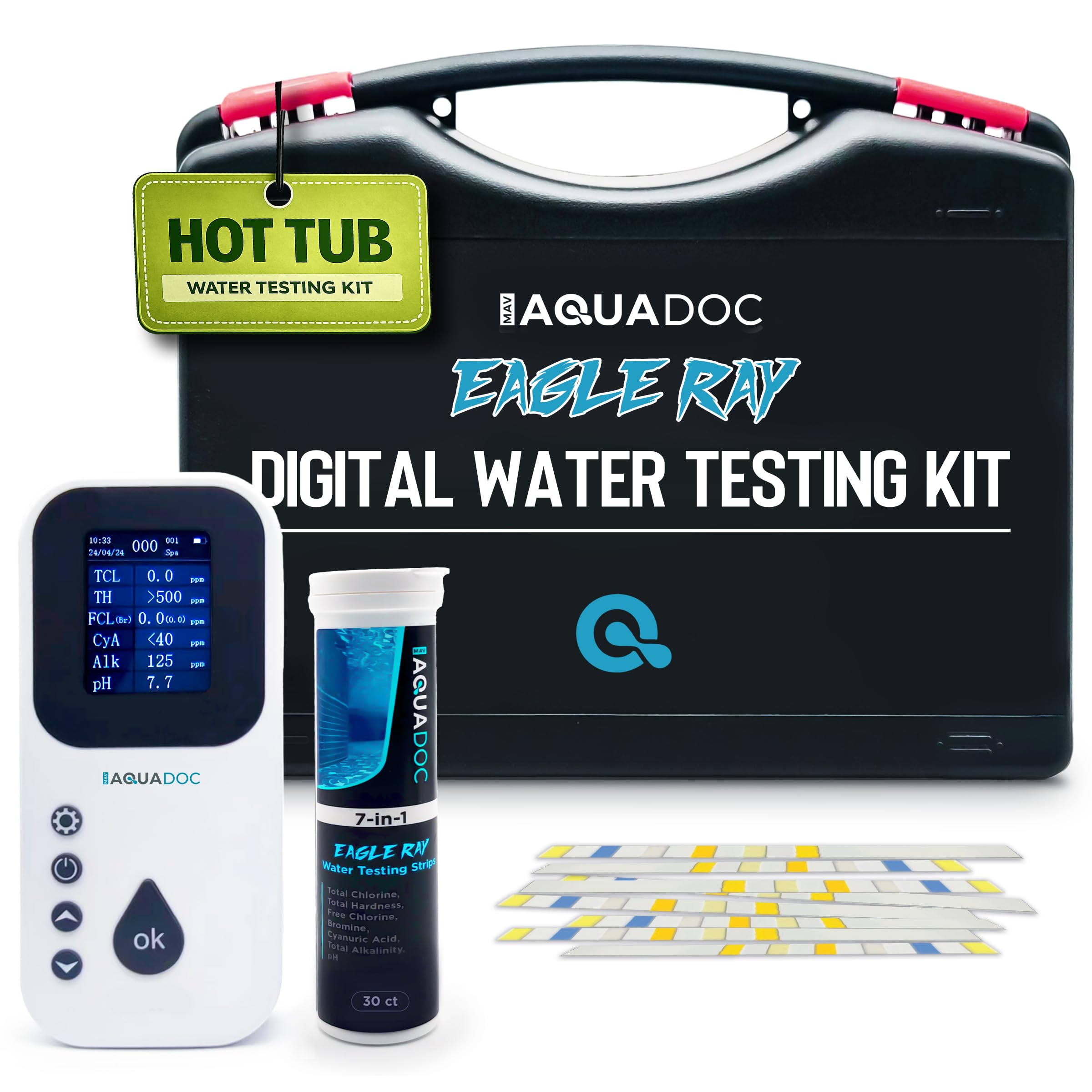 Photo 1 of Eagle Ray Digital Spa Water Test Kit by AquaDoc with Digital Water Tester and 30 hot tub Test Strips for Chlorine, Bromine, Total Hardness, Cyanuric Acid, Alkalinity, and pH