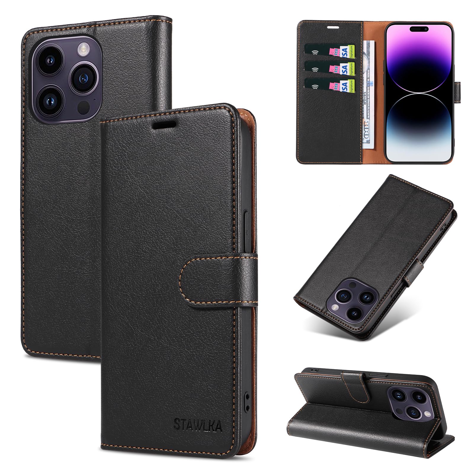 STAWLKA Case for iPhone 14 Pro Max, Premium PU Leather Flip Magnetic Buckle Wallet Case Kickstand Blocking RFID Shockproof Protective Phone Cover for iPhone 14 Pro Max - Black
