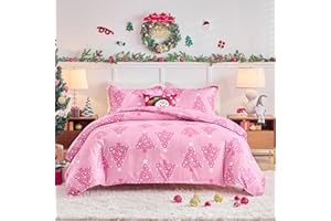Joyreap 3pcs Christmas Duvet Cover Set Queen, Pink Xmas Tree Design Bedding Set, Includes 1 Duvet Cover and 2 Pillow Shams