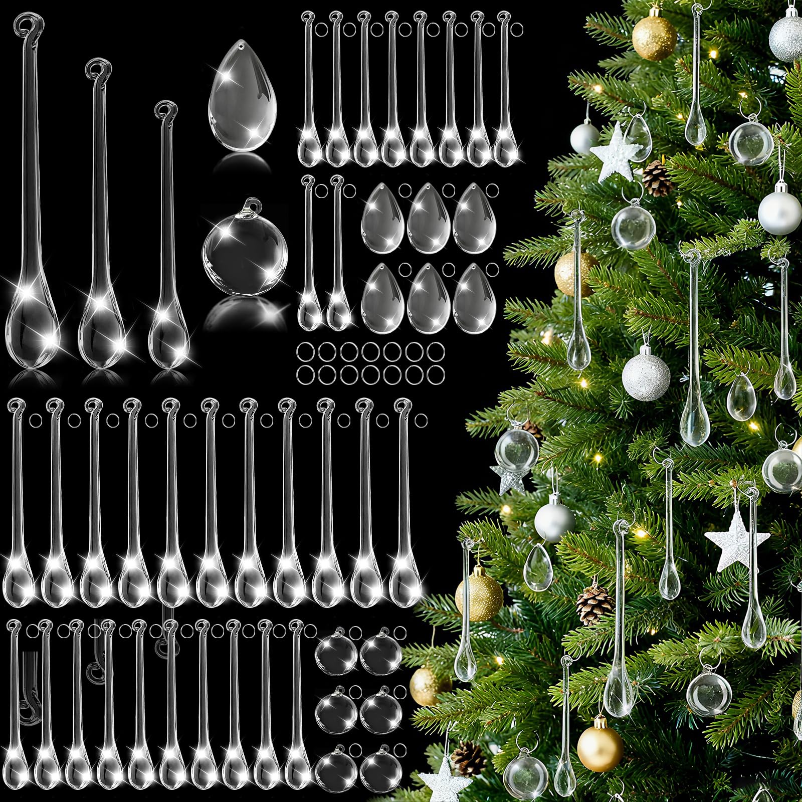 Photo 1 of 100 PCS Clear Crystal Ornaments for Christmas Tree, Acrylic Teardrop Christmas Ornaments with 5 Styles, Hanging Crystals Pendant for Wreaths Chandelier Wedding Party Holiday Decor
