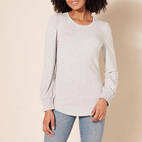 Amazon Essentials Women's Long-Sleeve Crewneck Smocked Cuff T-Shirt, Grey Heather, XX-Large