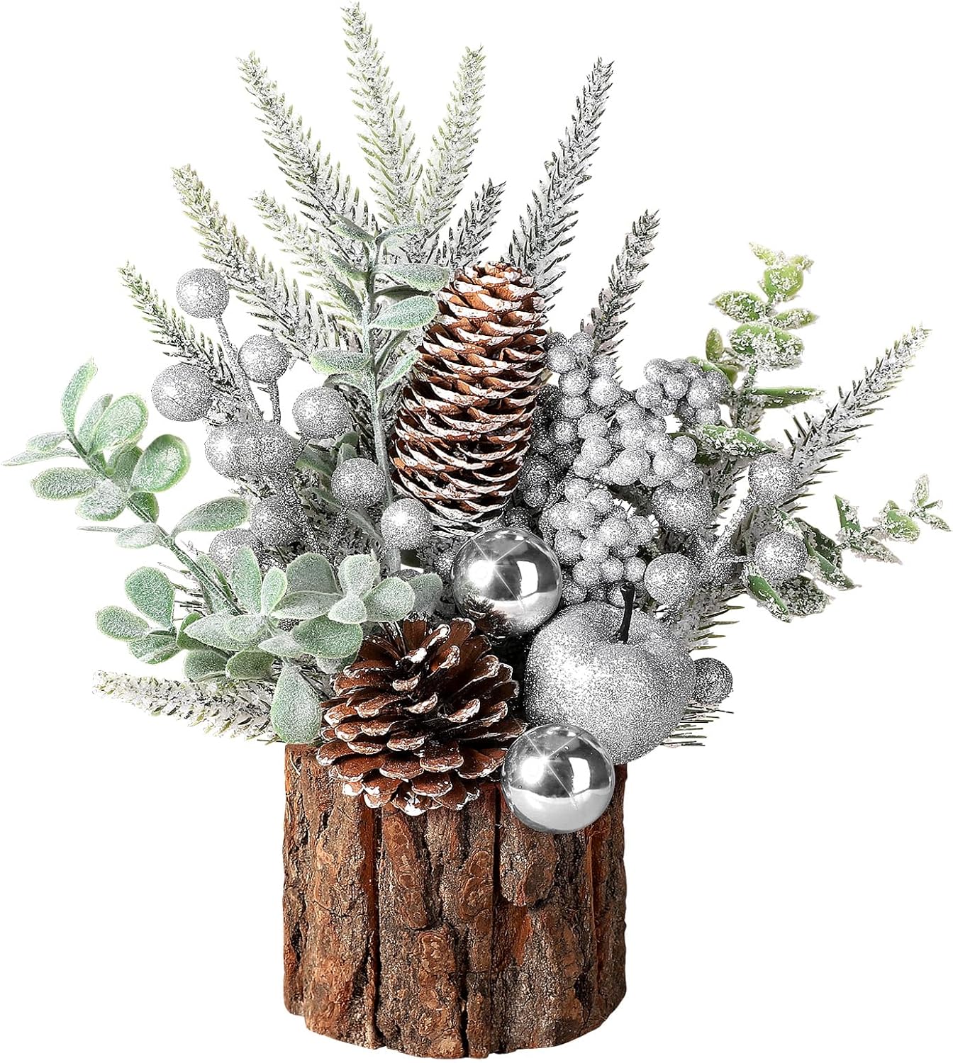 Trees - Hatisan Small Christmas Tree, Artificial Christmas Tree with Christmas Ornaments Pine Cone Berry, Tabletop Christmas tree for Christmas Decorations Home Room Party Winter Indoor Outdoor (Silver-Round)