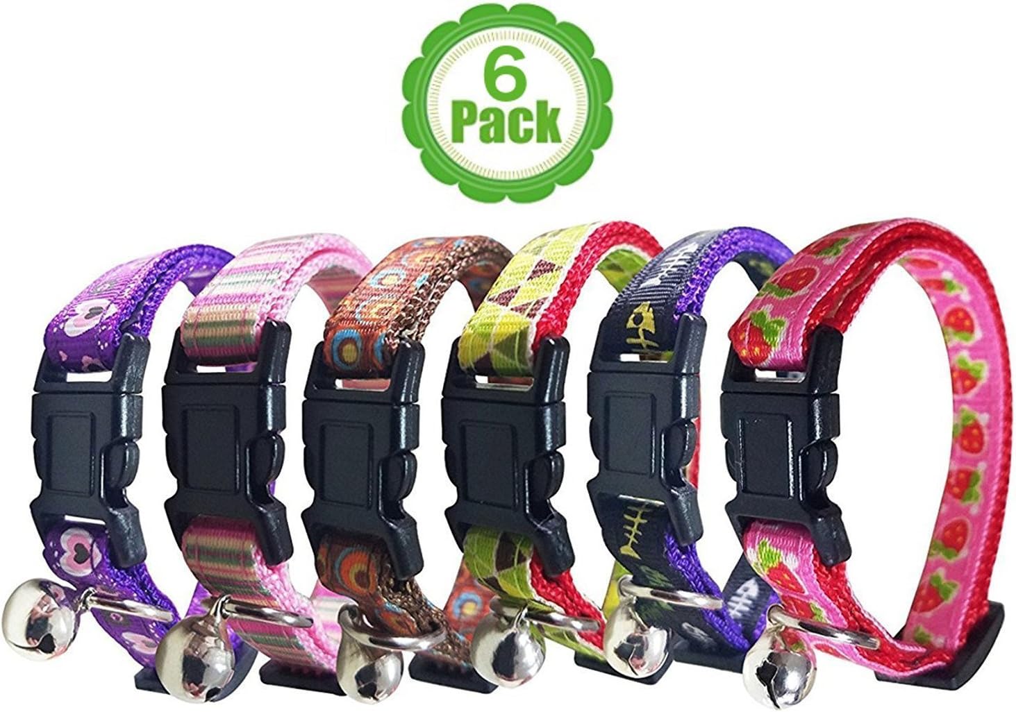 Bemix Pets Cat Collar with Bell, Set of 6, Solid Cat Collar, Gift Set Box, Made of Nylon, Colorful, for Small Dogs (6-Pack)