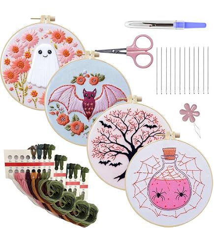 Kit De Broderie Débutant Halloween - 5 Motifs Effrayants (Squelette, Chauve-souris, Citrouille) - Cadeau DIY Créatif