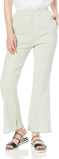 Amazon ウィゴー メロウフレアイージー パンツ レディース F グリーンチェック1 ロングパンツ 通販