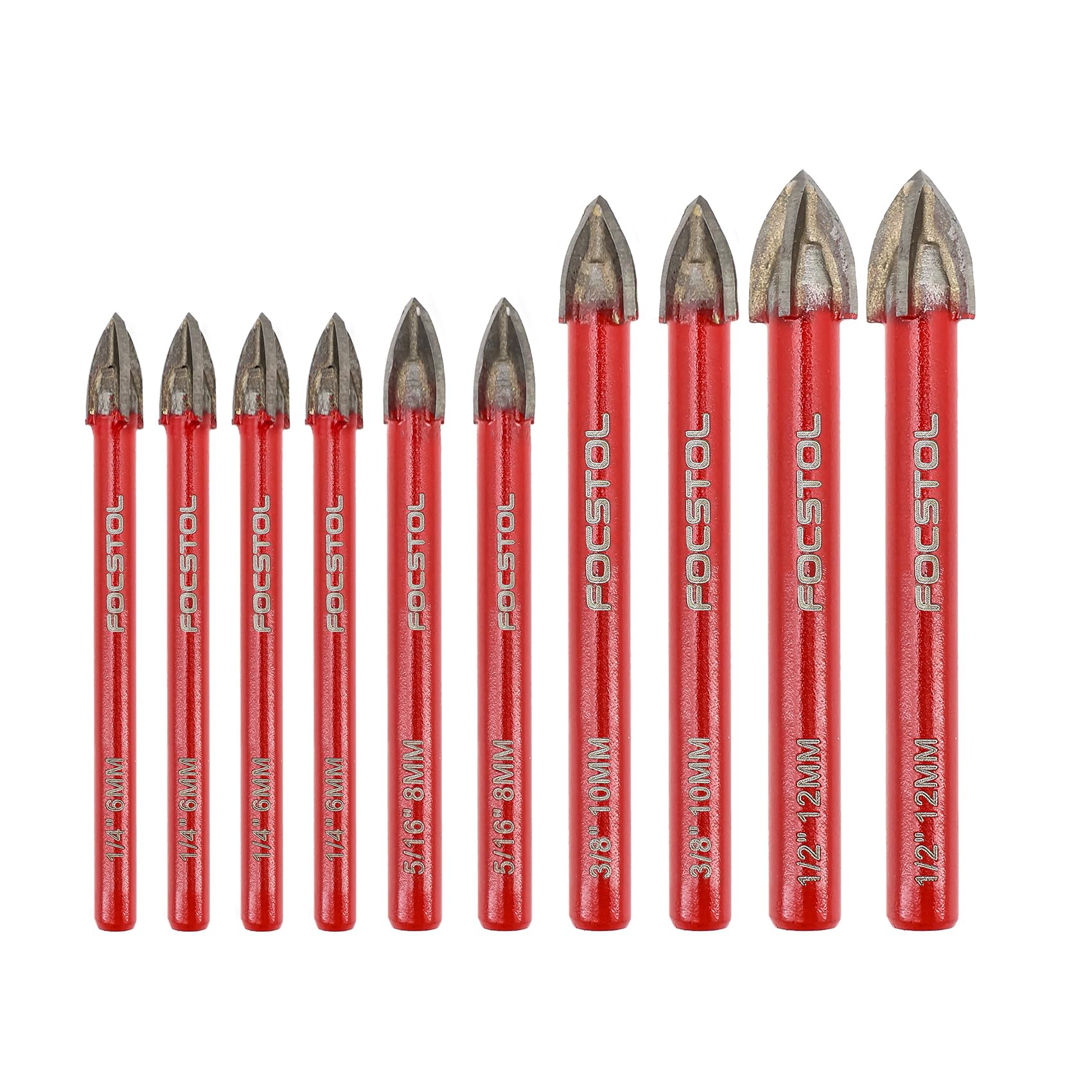 FOCSTOL Masonry Drill Bits Set - 10pcs Carbide Drill Bits Set with Round Shank for Wood Plastic Foam Tiles Softer Materials (6mm*4+8mm*2+10mm*2+12mm*2)