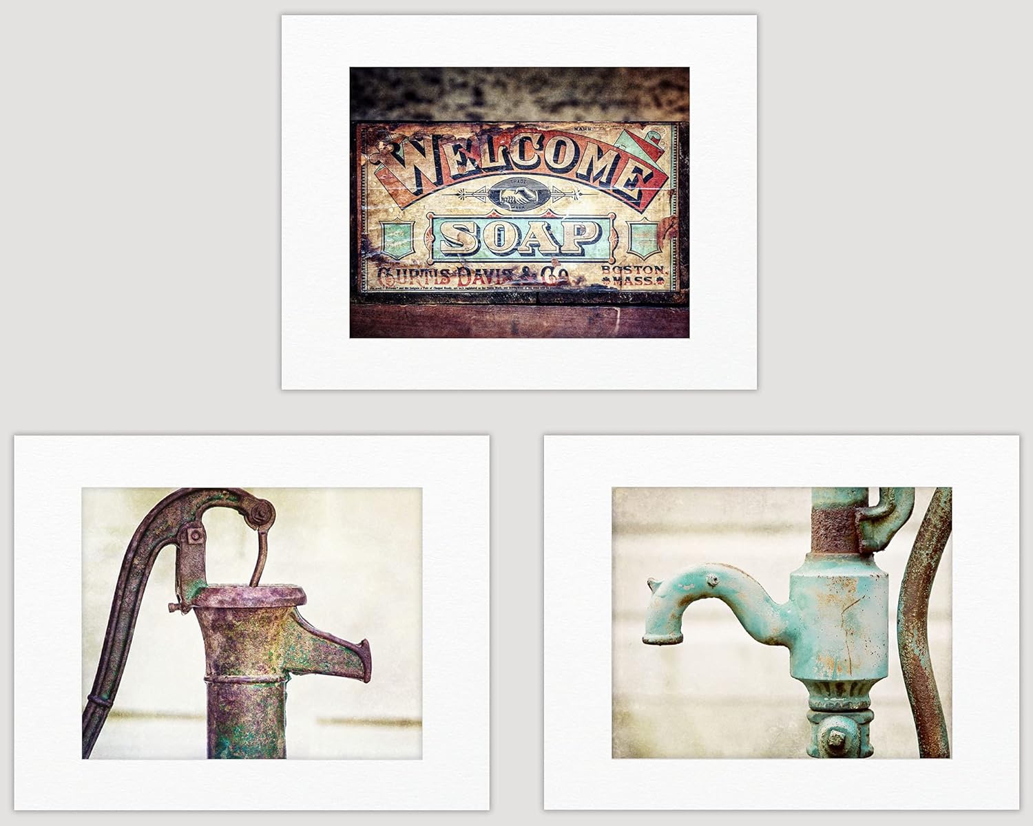 Photographs - Lisa Russo Fine Art - Bathroom Decor Farmhouse Wall Prints - Set of 3 - Not Framed - Teal, Green, Brown (3 5x7 Prints with 8x10 Mats)