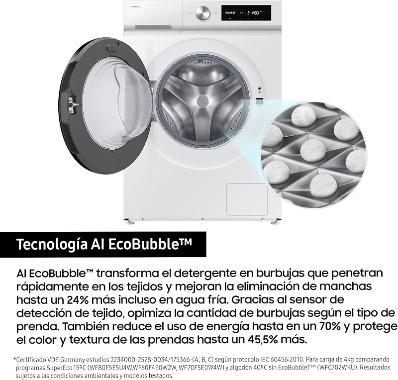 WW11DB7B34GWU3, Lavatrice AI EcoBubble, 11 kg, Efficienza Energetica A-20%, con SmartThings, Intelligenza Artificiale e Programma Super Speed 39, Bianco
