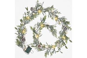 Gudegou 6FT Snowy Garland Christmas, Pre-lit Garland with 20 LED Lights, Pine Cones, White Berry&Ball, Battery Operated Garland with Timer, Indoor Christmas Decoration for Holiday New Year
