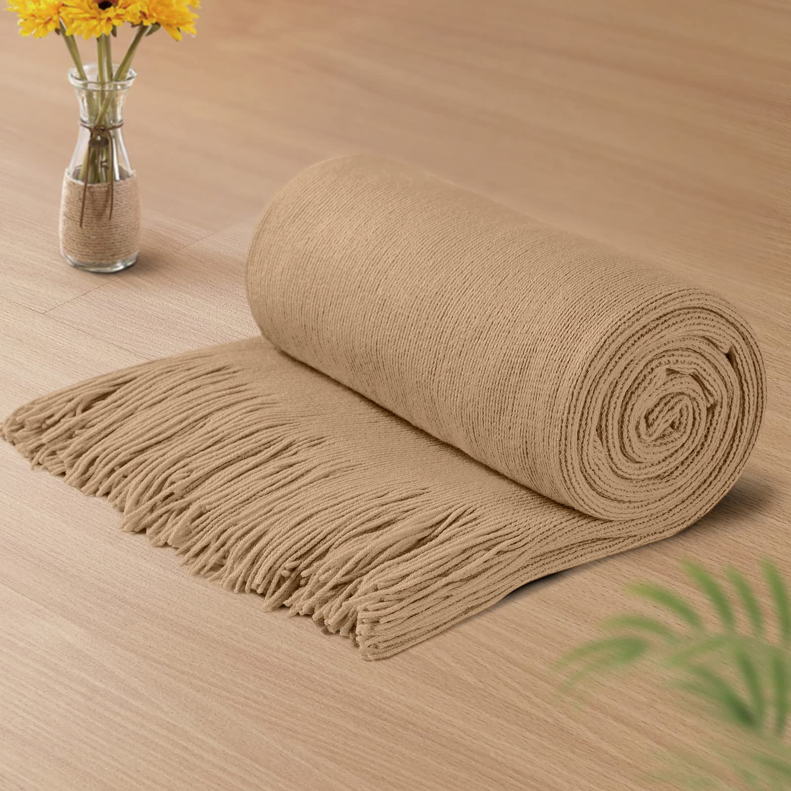 Photo 1 of Vonty Light Brown Knitted Blanket with Tassels Fringe 50" x 60", Super Soft Knit Throw Blanket, Farmhouse Decorative Lightweight Blanket for Couch, Sofa, Bed