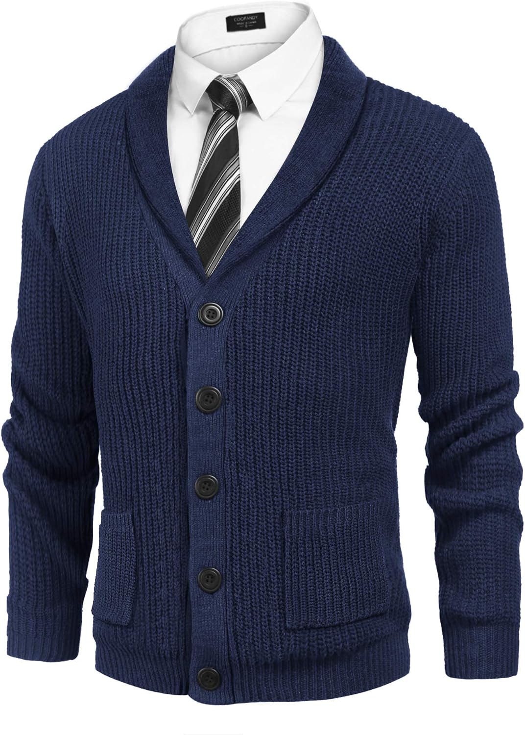 COOFANDY Men's Shawl Collar Cardigan Sweater Slim Fit Cable Knit Button up Cotton Sweater with Pockets