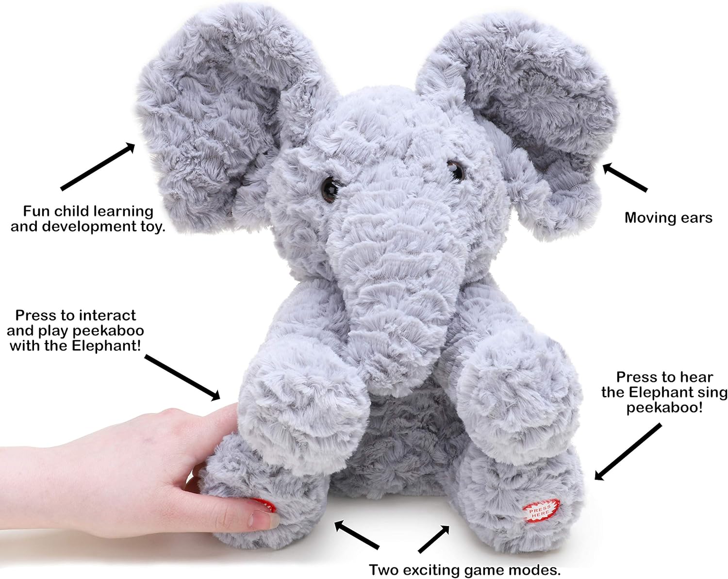 Toyland® 30cm (12") Interactive Peekaboo Elephant Plush Toy, Singing & Peek-a-Boo Animatronic Soft Toy for Toddlers & Babies - Image 4