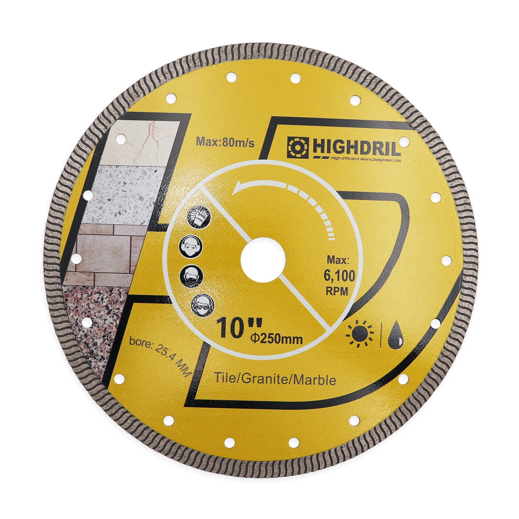 HIGHDRIL Diamond Saw Blade - 250MM Diamond Tile Blade with 25.4MM Arbor, Dry or Wet Cutting Disc for Porcelain Tile Ceramic Granite Marble Hard Material Masonry