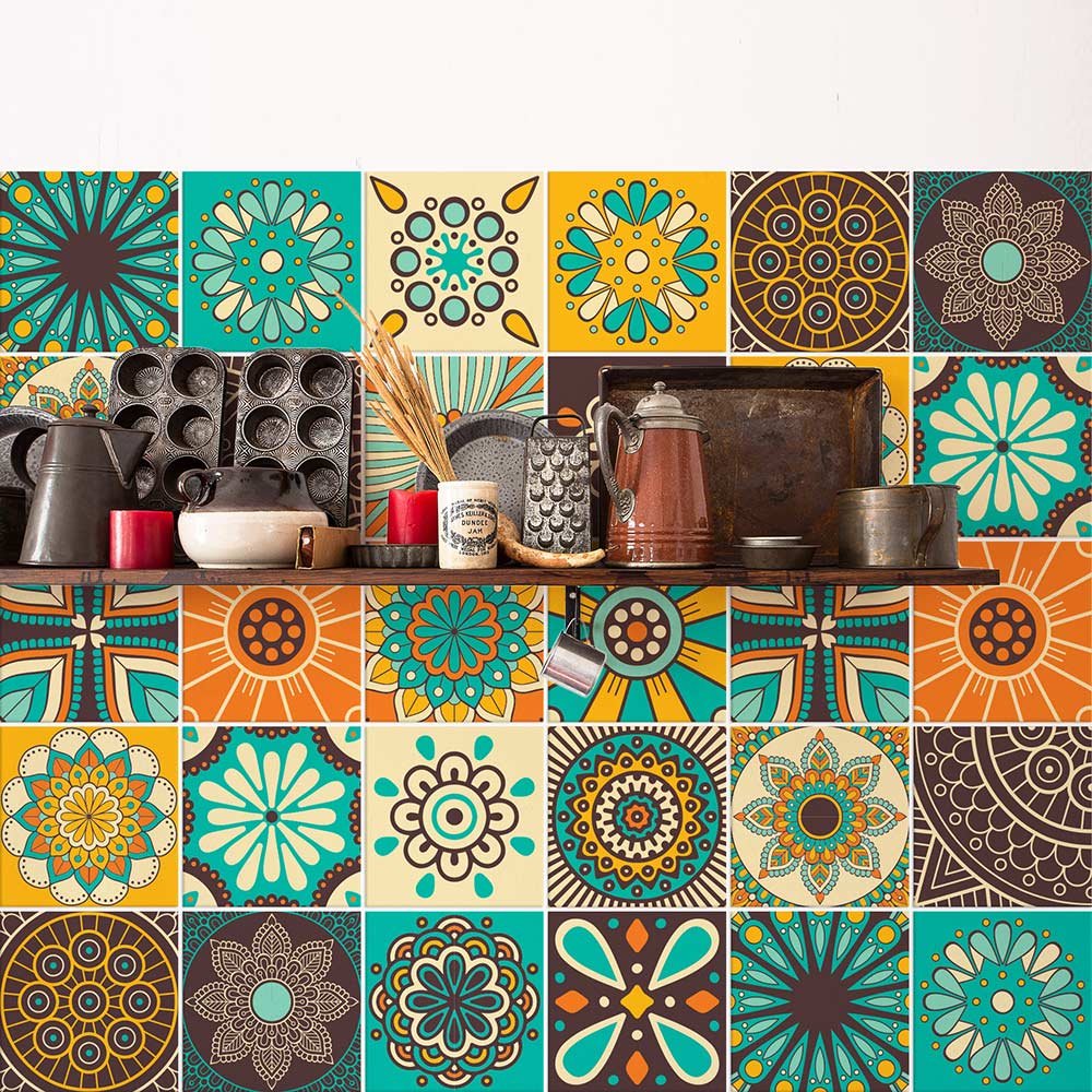 RE-COVERTILES - Tile Stickers for Bathroom and Kitchen 12 Pcs 15x15 cm - PS00181 Wall Decoration in Waterproof PVC Mosaic Tiles Style Azulejos Cement Tiles