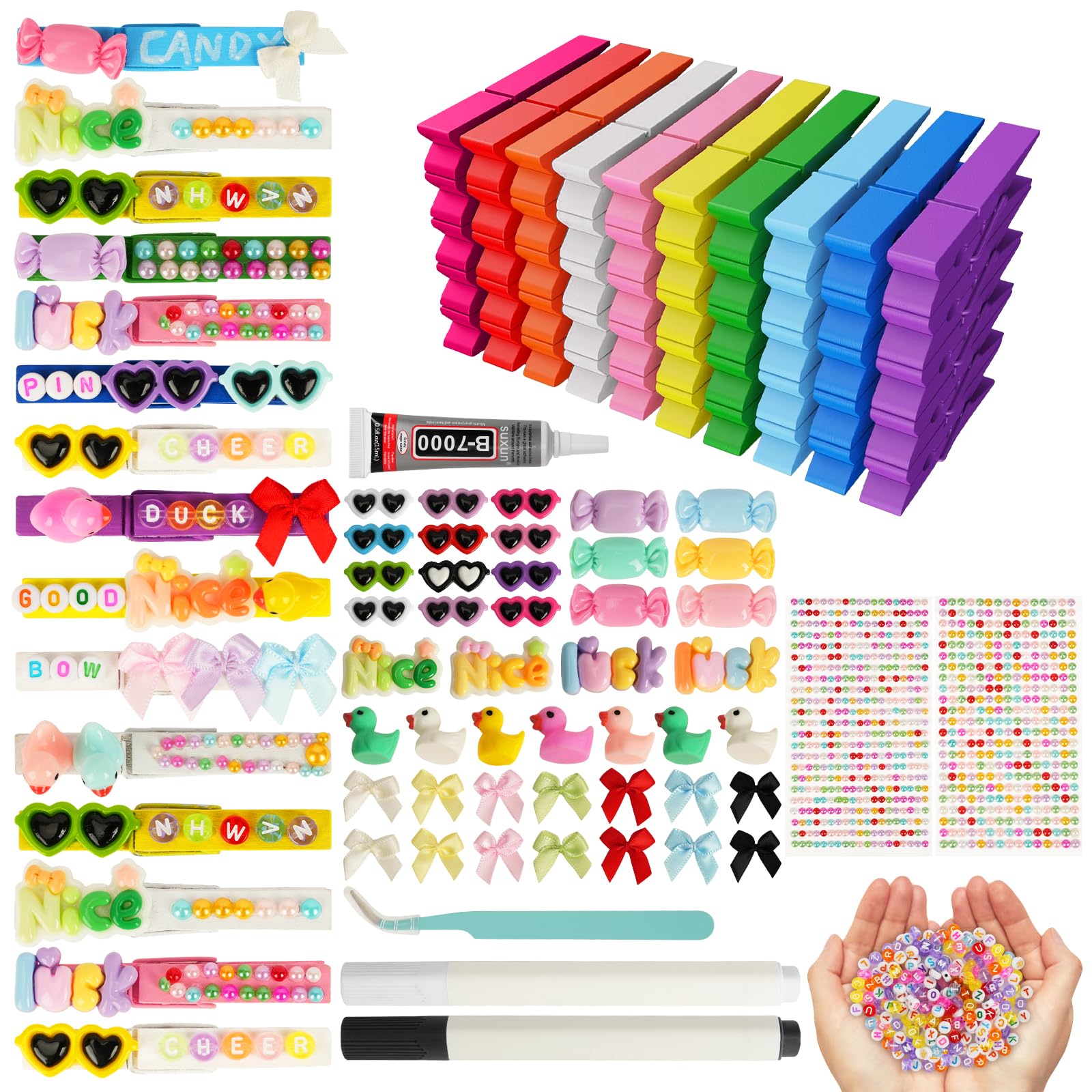 50 Set Cheer Pins Kit Spirit Clips, 50 Colored Wooden Clothes Pins 58 Resin Charms and 2 Gem Stickers 200 Letter Beads for Classroom Crafts & Cheerleading Gift, Cheer Set with Glue & Tools