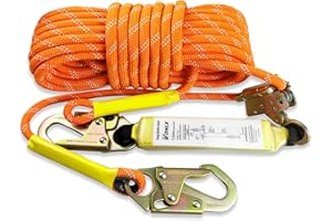 VONLX Fall Protection Safety Rope 50FT Heavy Duty Vertical Roofing Ropes with Alloy Steel Grab Snap Hooks Shock Absorber Fall Protection Tree Climbing Line Kit Tree Stand Safety Rope Line Kit