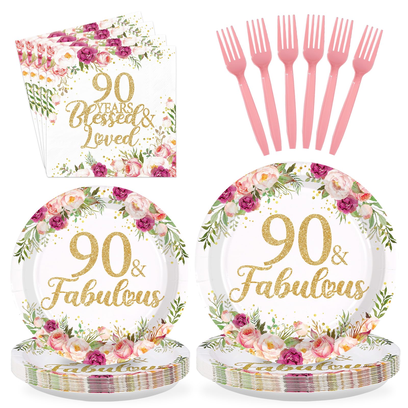 Photo 1 of Greencian 96Pcs 90th Birthday Decorations for Women Rose Gold Floral Party Plates and Napkins Disposable 90th Birthday Gifts Tableware Set for Women Fabulous Party Decorations Serves 24