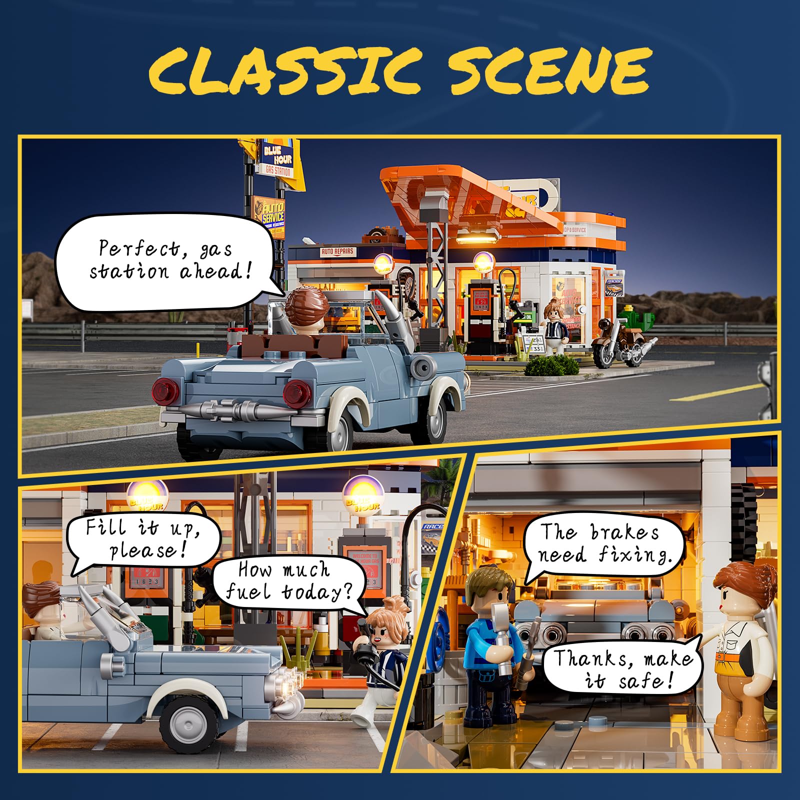FUNWHOLE City Gas Station Bauset mit Licht – 1608PCS modularer Brick-Baukasten für Erwachsene & Teenager, zur Ausstellung & Roadtrip-Szenen, inklusive Oldtimer & Werkzeuge 3