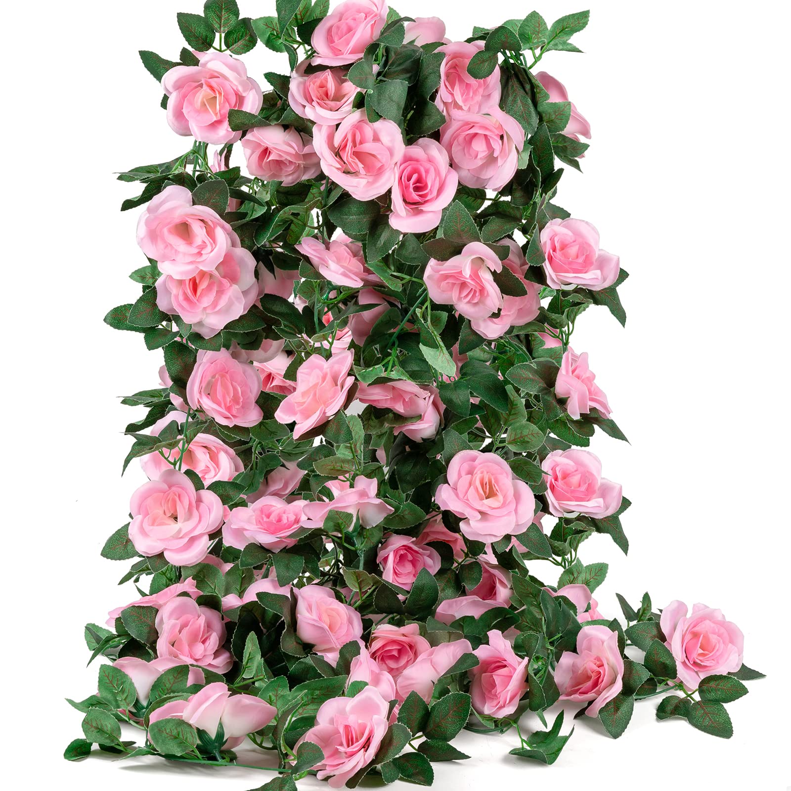 4 Pack (32FT) Artificial Rose Vine Fake Flowers Garland Hanging Silk Rose Ivy Plants Vine for Wedding Arch Party Garden Home Bedroom Office Wall Aesthetic Art Décor (Pink)