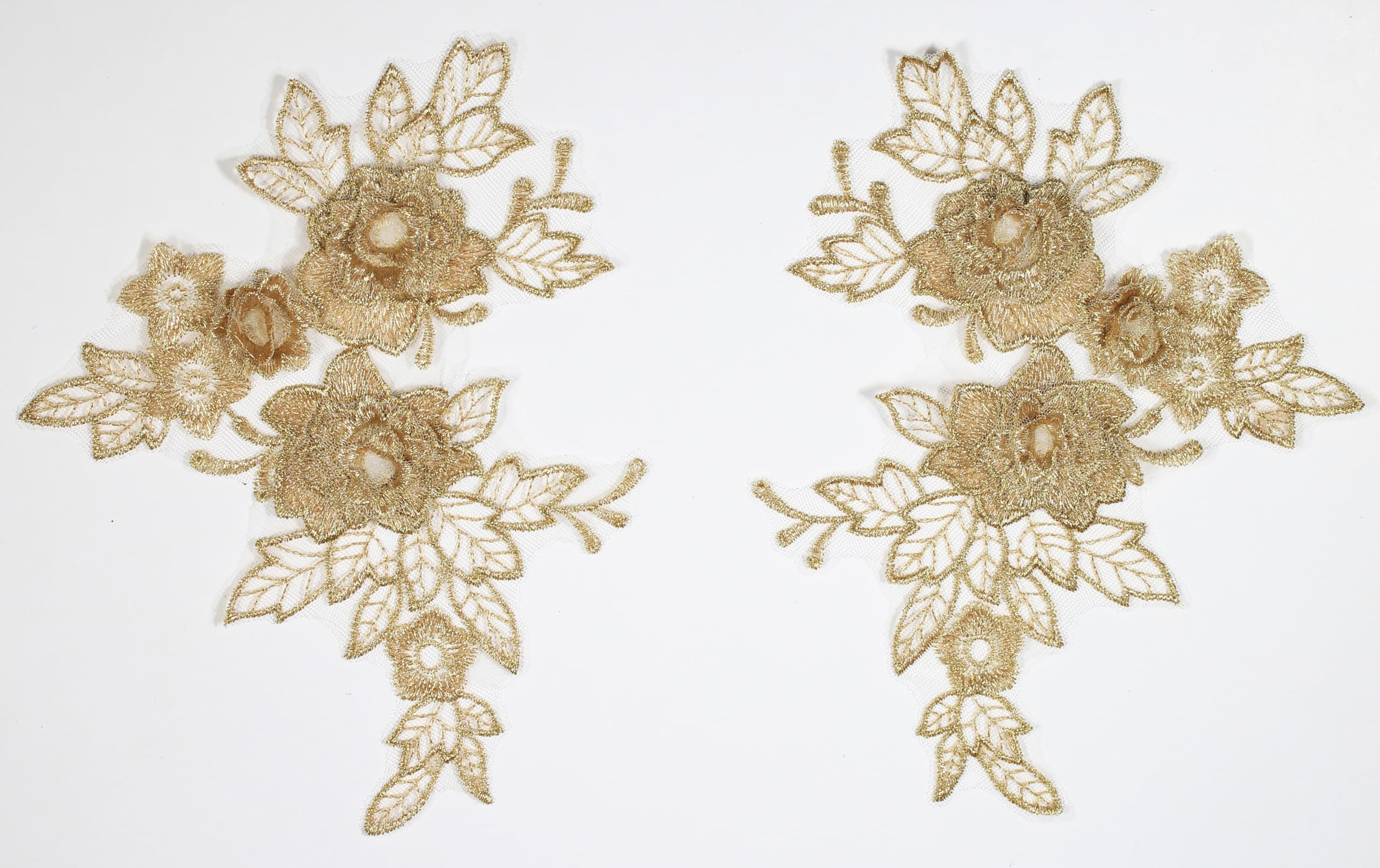 2 Pieces x 3D Lace Applique Motifs Flower Patch Mesh Sew on #5 (Metallic Gold)