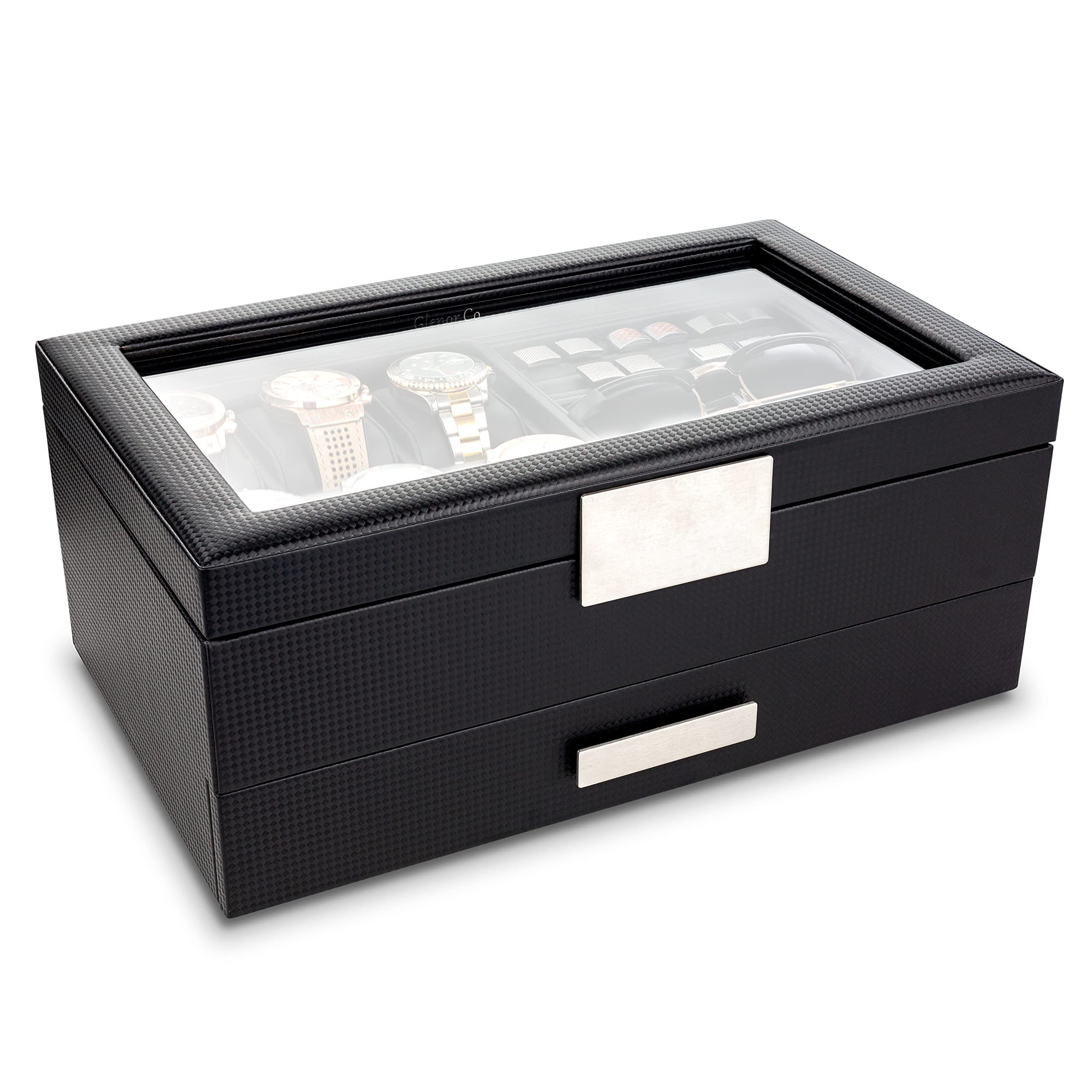 Glenor Co Valet Jewelry Box for Men - Holds 6 Watches, 12 cufflinks, 2 Sunglasses, Drawer & Tray Storage - Watch Case - Carbon Fiber design Organizer w Metal Accents & Large Glass Lid - Black