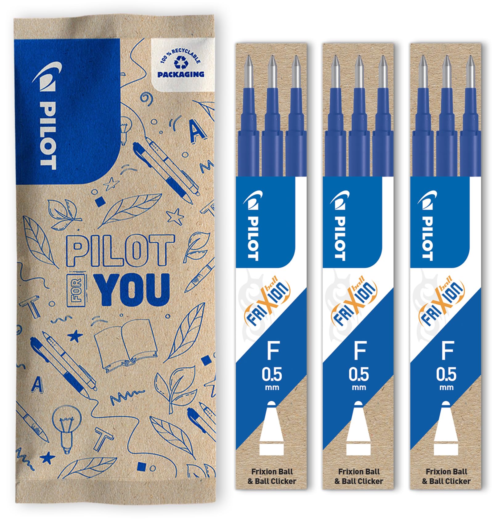 PILOT - 3 x FriXion Erasable Pen Refills - Compatible with FriXion Ball and FriXion Ball Clicker - Blue - Fine Tip