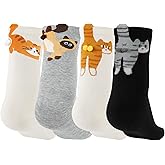 SUOWEEI 4 Pairs Cute Cat Socks with Balls, Women's Cat Socks, 3D Novelty Cotton Funny Animal Crew Sock for Women Cats Lovers Gifts