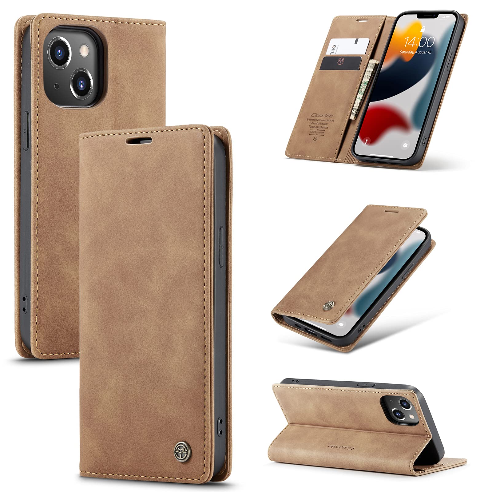 UFinetech Case for iPhone 13, Shockproof Anti-scratch Cover Compatible with iPhone 13 (6.1”), Leather TPU Slim Soft Flip Folio Magnetic Closure Kickstand Card Holder Wallet Camera Protector, Brown