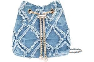 Extolove Denim Bucket Bag Quilted Drawstring Jean Purses for Women Denim Clutch Hobo Bags Crossbody Handbag