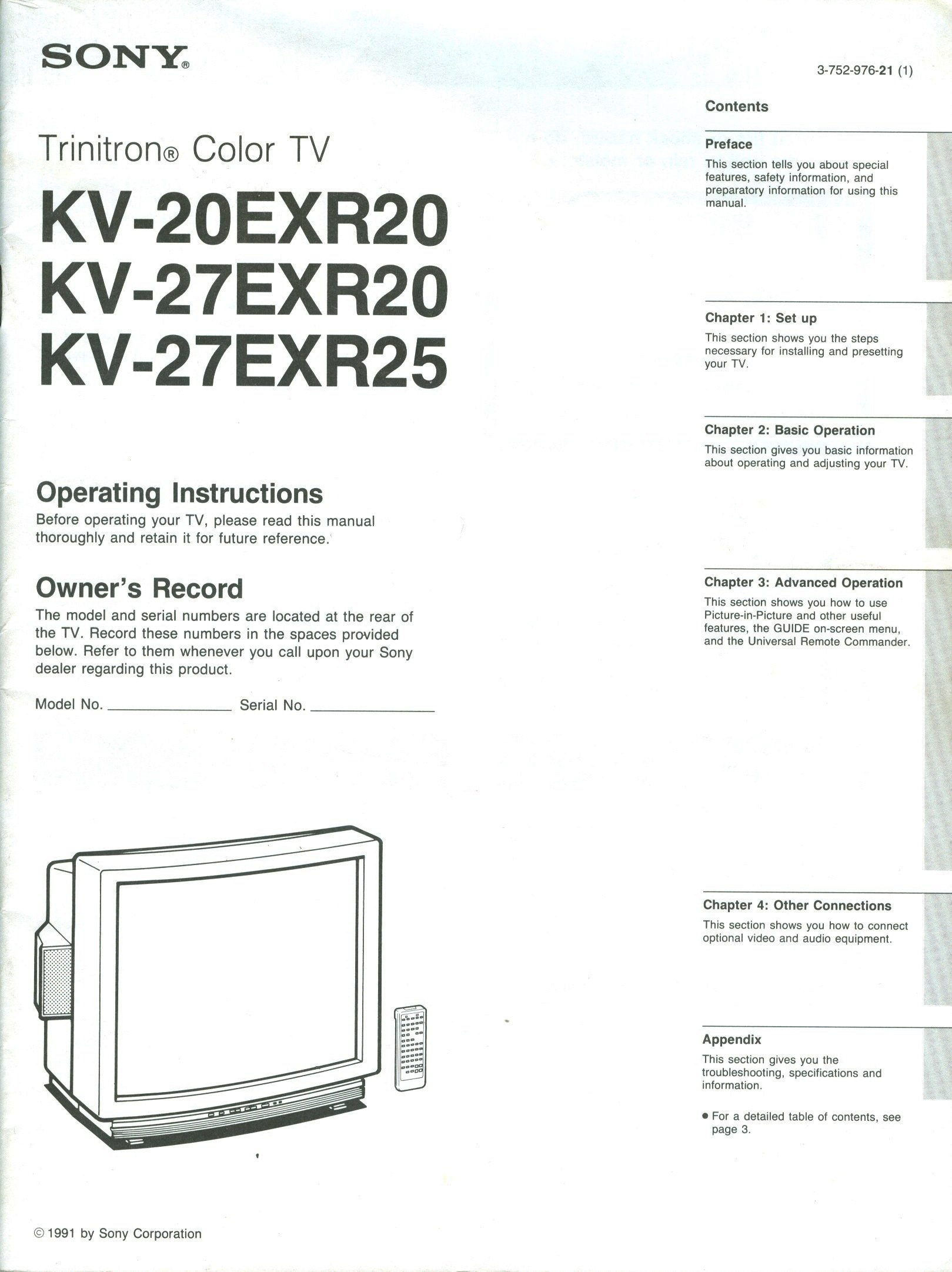 Sony Trinitron Color TV KV-20EXR20, KV-27EXR20, KV-27EXR25 Operating  Instructions/Owner's Record: Sony Corporation: Amazon.com: Books