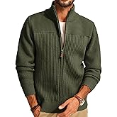 PJ PAUL JONES Men's Full Zipper Cardigan Casual Stand Collar Cardigan Sweater Ribbed Knit Long Sleeve Sweater