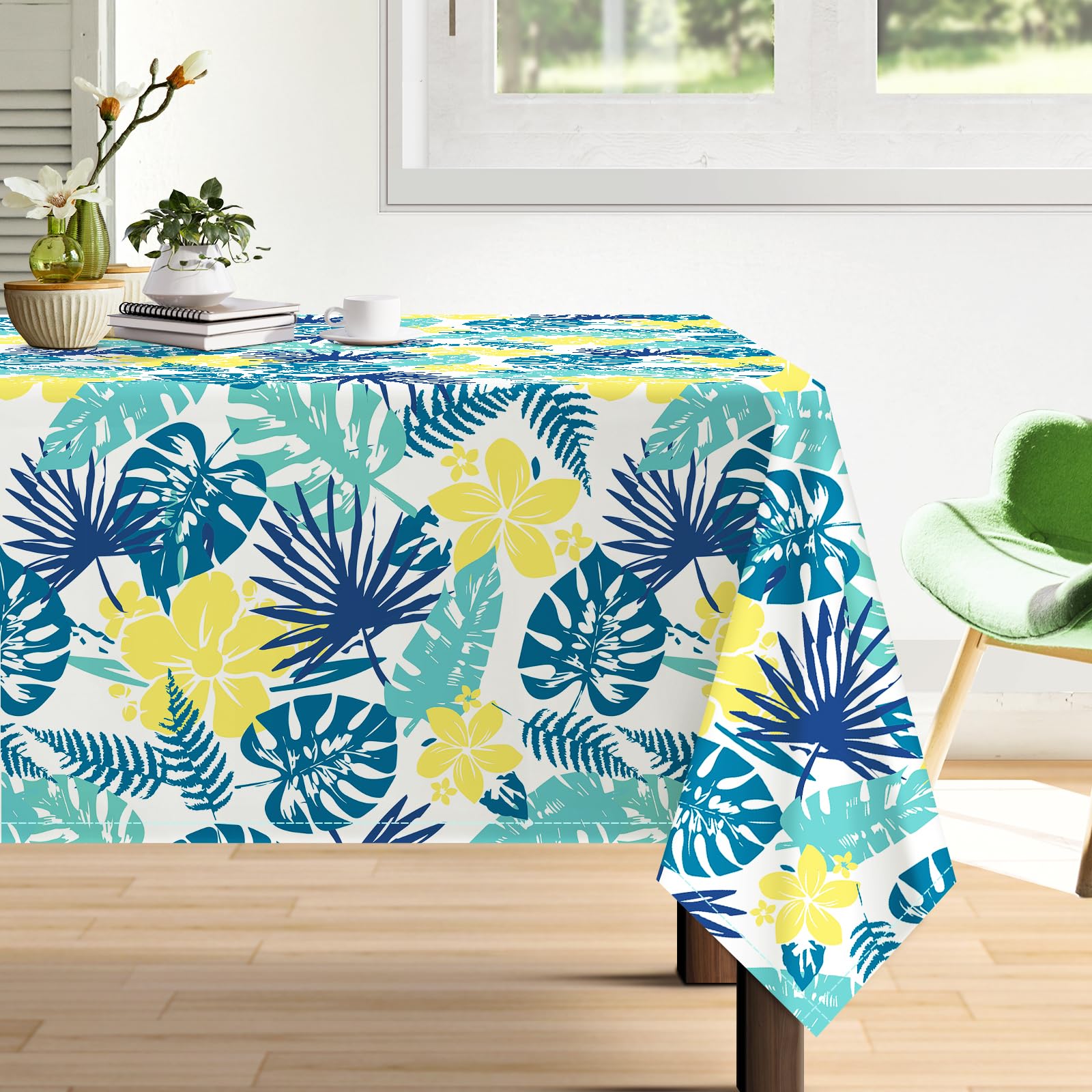 Arquiel Watercolor Tropical Palm Leaves Tablecloth Waterproof, Large Summer Leaf Rectangle Table Cloth, Washable Table Cover For Kitchen Dining Party Decor(152×213cm)